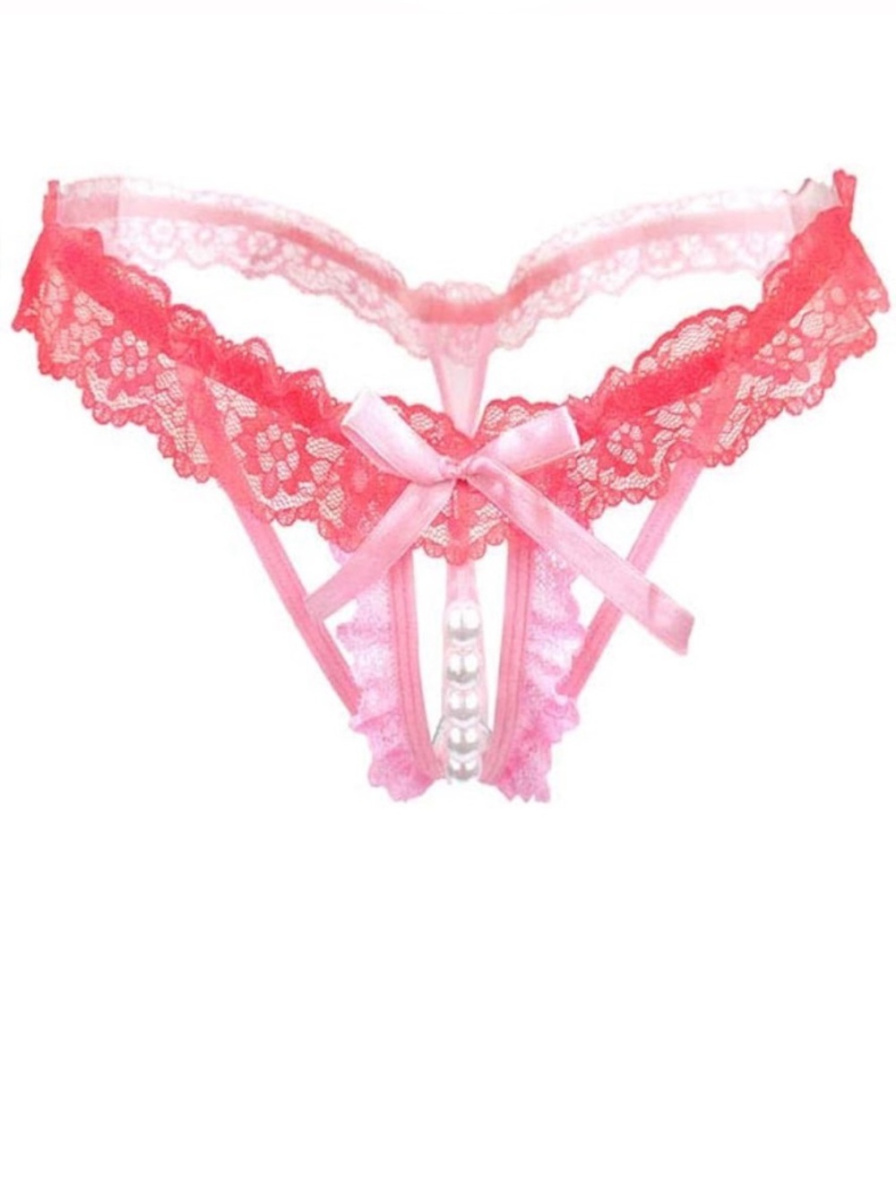 NEW! Pink Lace Pearl-Embellished Open Crotch Thong